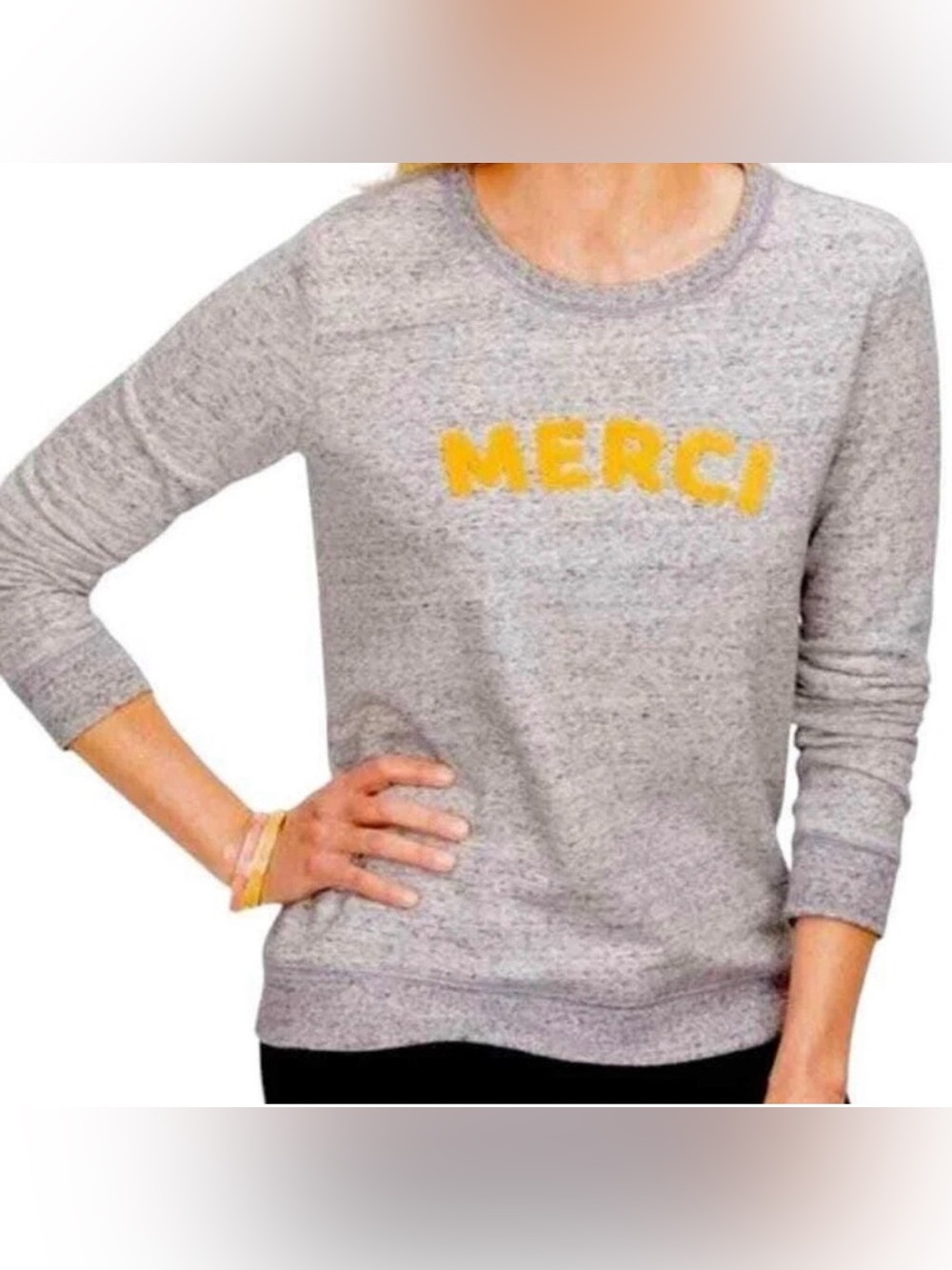 Talbots Gray Sweater with Yellow 'MERCI' Medium - C14-011